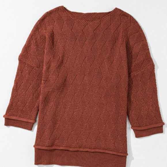 Diamond Knit Round Neck Sweater - Rust Brown Dropped Shoulder Top - Picture 12 of 12